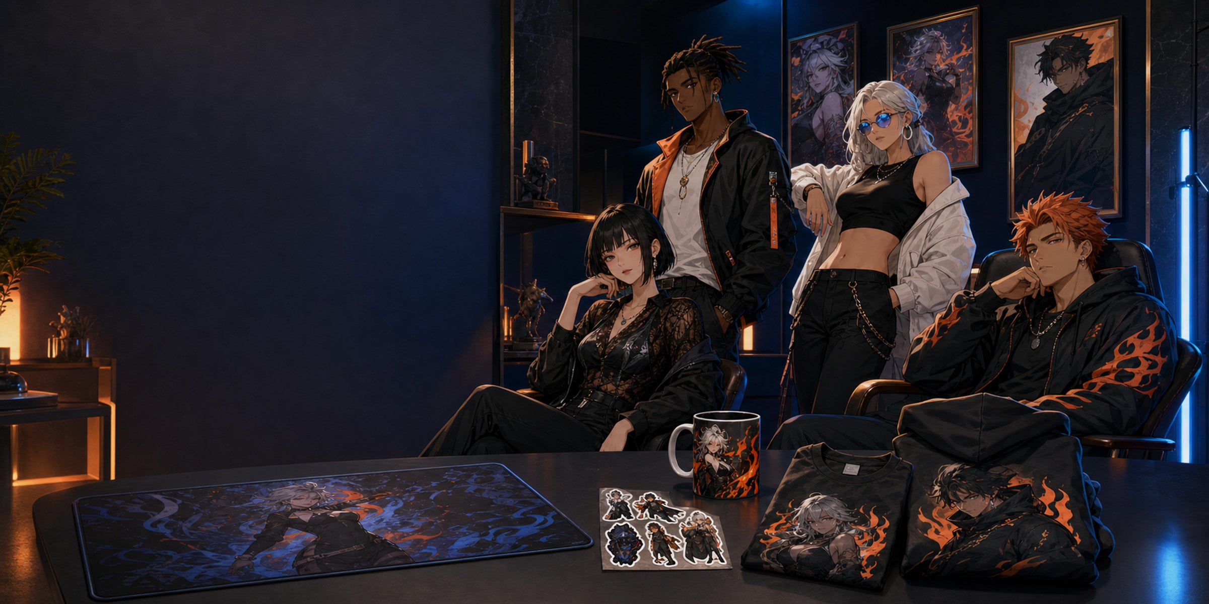 Original Hot Chatbots merch studio with posters, apparel, desk accessories, stickers, and a mug